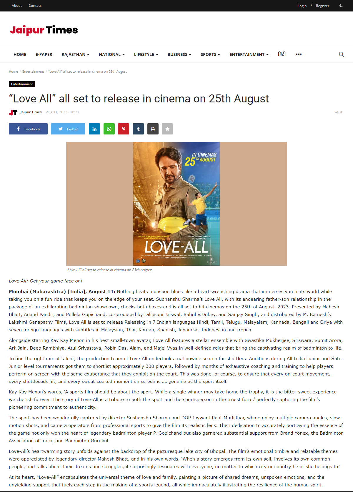 “Love All” all set to release in cinema on 1st September